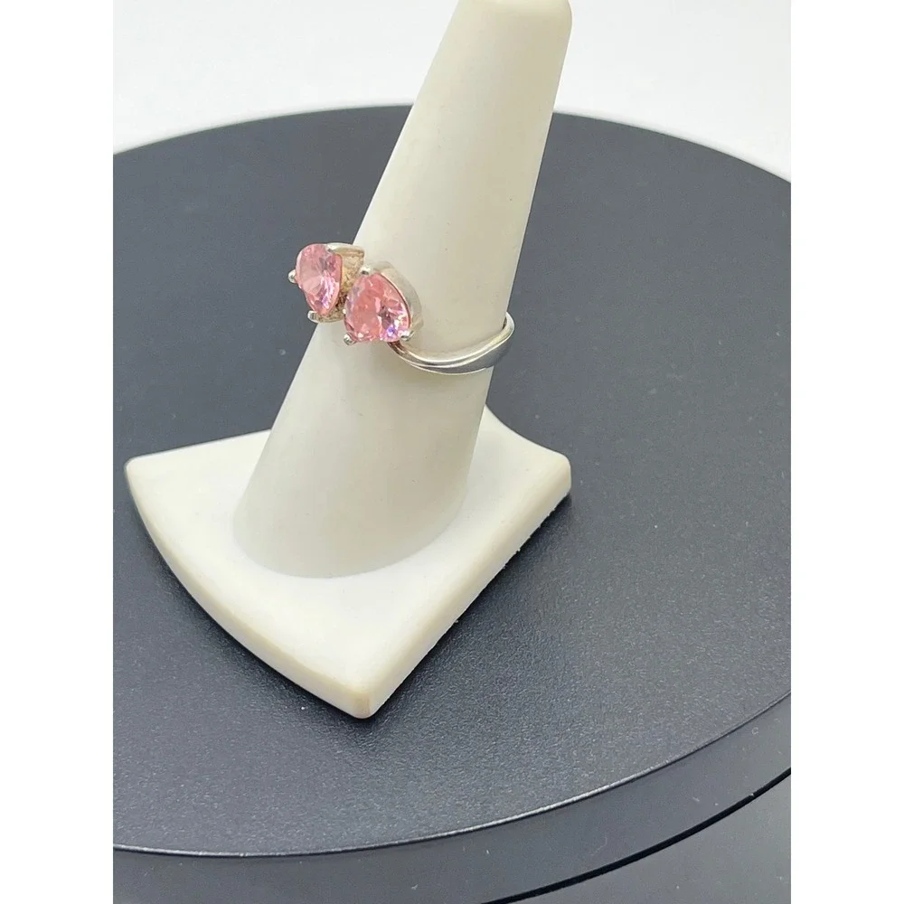 Sterling‎ Silver 925 Double Heart Pink Ice Gemstone Faux Bypass Ring Sz 8.25